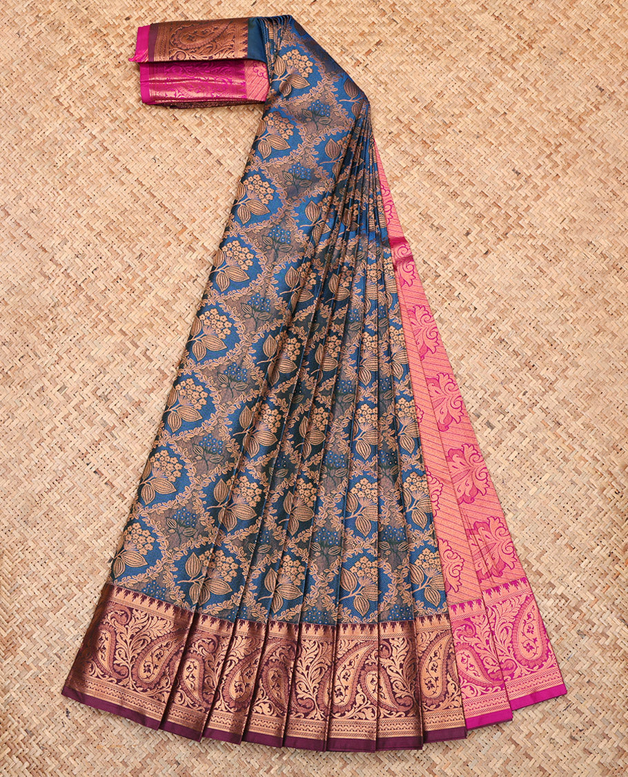 Blue Budget Silk Saree, Detailed with Floral Jacquard Design, Complemented by Contrast Paisley Zari Border, Grand Pallu and a Contrast Blouse