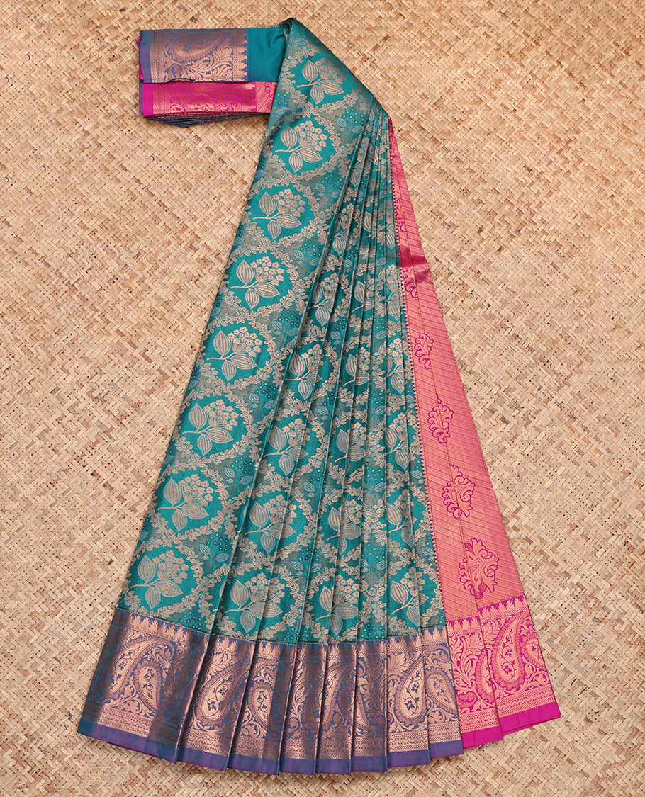 Blue Budget Silk Saree, Elegantly Highlighted with Floral Jacquard, Complemented by Contrast Paisley Zari Border, Intricate Pallu, and a Contrast Blouse