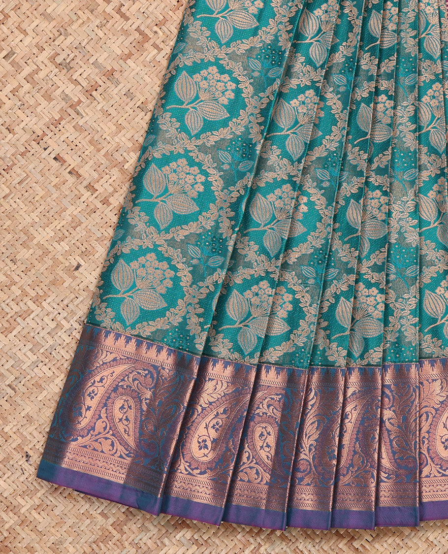 Blue Budget Silk Saree, Elegantly Highlighted with Floral Jacquard, Complemented by Contrast Paisley Zari Border, Intricate Pallu, and a Contrast Blouse