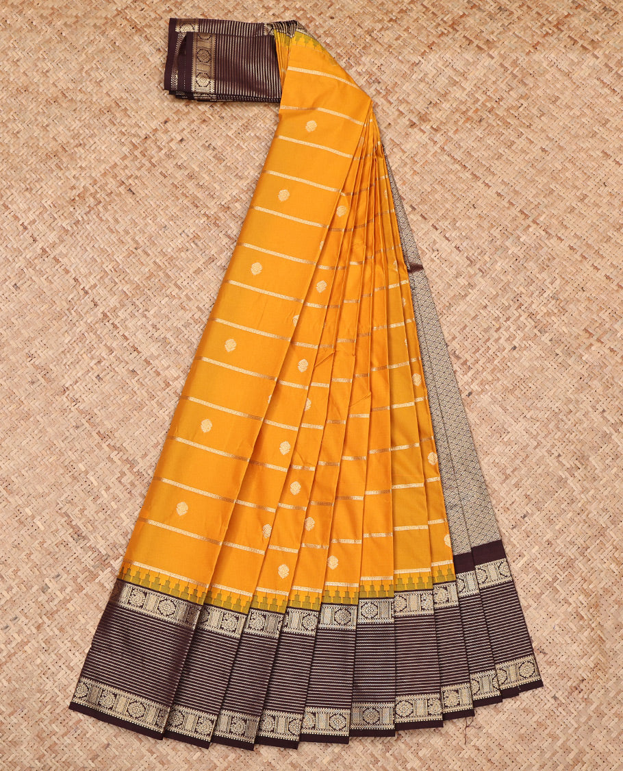 Orange Budget Silk Saree, Enriched with Zari Buttas and Stripes, Complemented by a Contrast Traditional Zari Border, Grand Pallu, and a Contrast Blouse