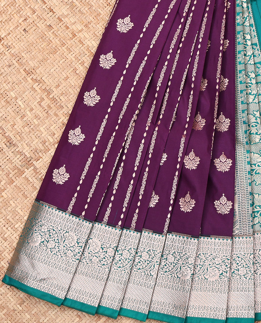Purple Budget Silk Saree, Spotlighted with Zari Buttas, Complemented by a Contrast Traditional Zari Border, Grand Pallu, and a Contrast Blouse