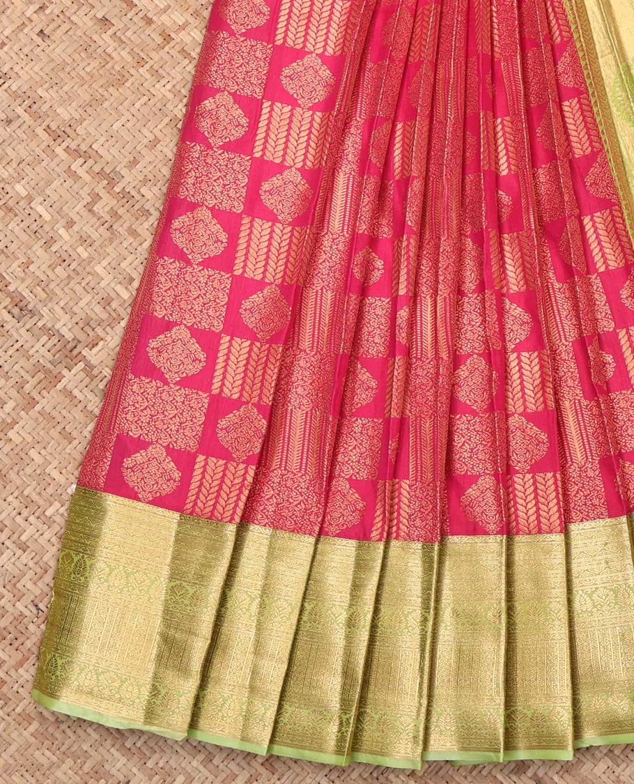 Red Budget Silk Saree, Decorated with Jacquard Design, Complemented by Contrast Traditional Zari Border, Intricate Pallu, and Contrast Blouse
