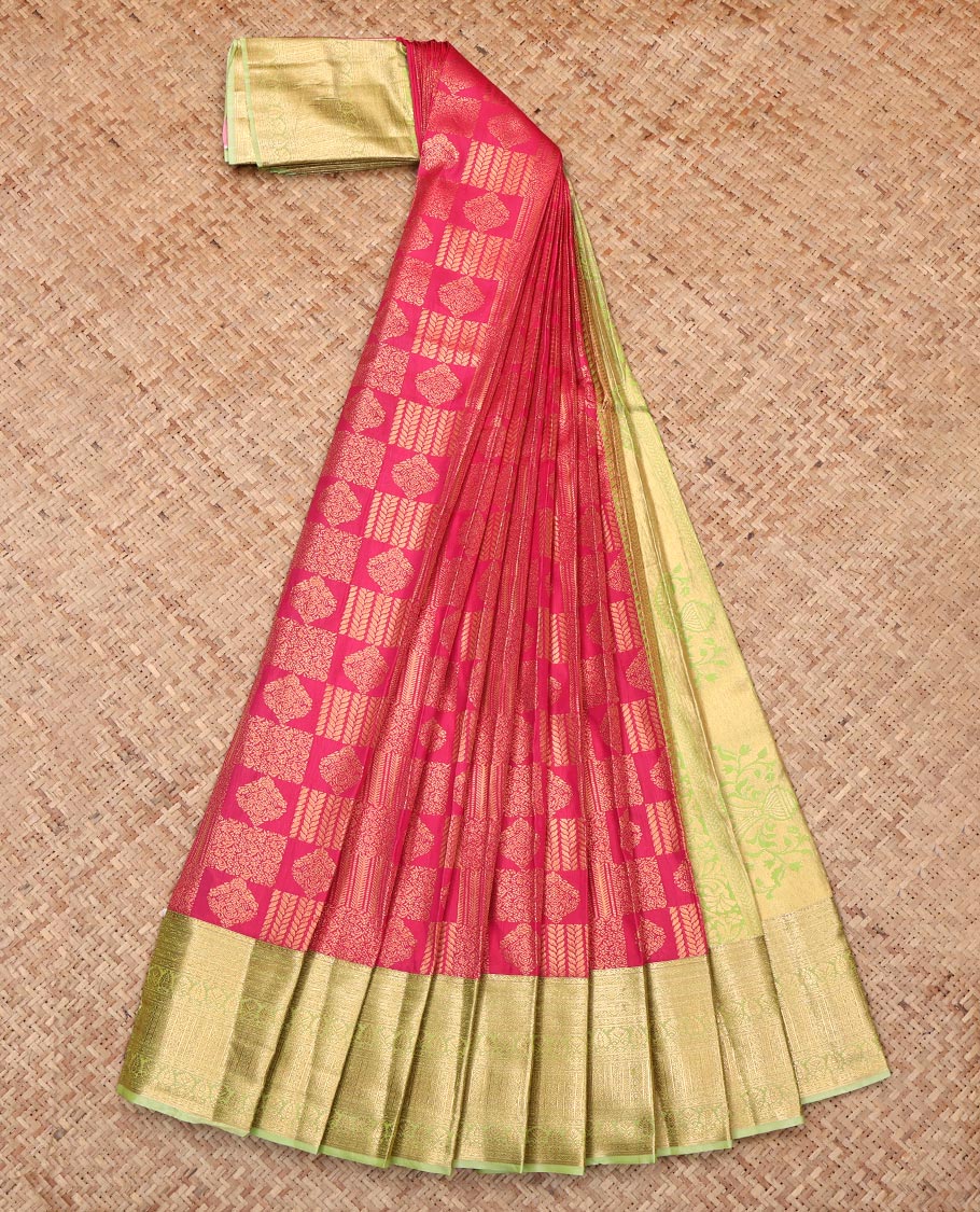 Red Budget Silk Saree, Decorated with Jacquard Design, Complemented by Contrast Traditional Zari Border, Intricate Pallu, and Contrast Blouse