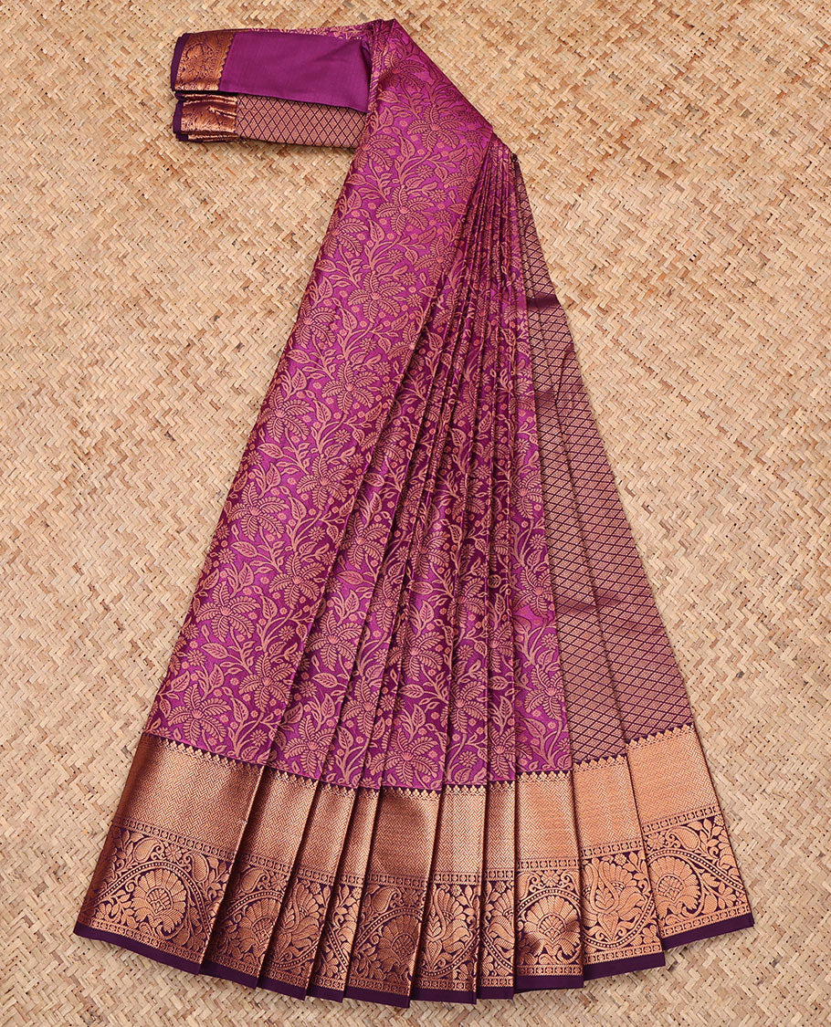 Purple Budget Silk Saree, Opulently Embellished with Jacquard Design, Complemented by a Contrast Traditional Zari Border, Jaal Pallu, and Contrast Blouse