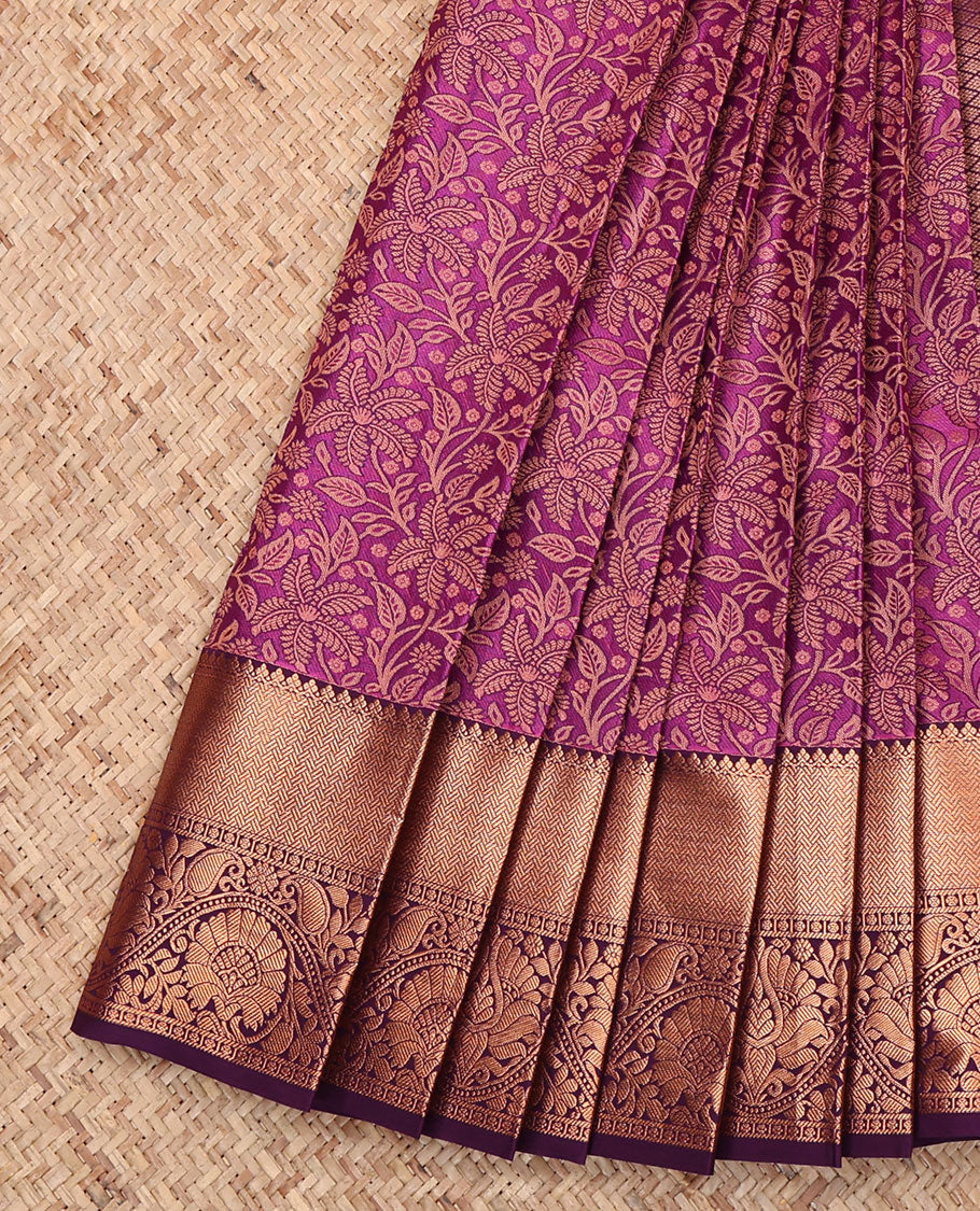 Purple Budget Silk Saree, Opulently Embellished with Jacquard Design, Complemented by a Contrast Traditional Zari Border, Jaal Pallu, and Contrast Blouse