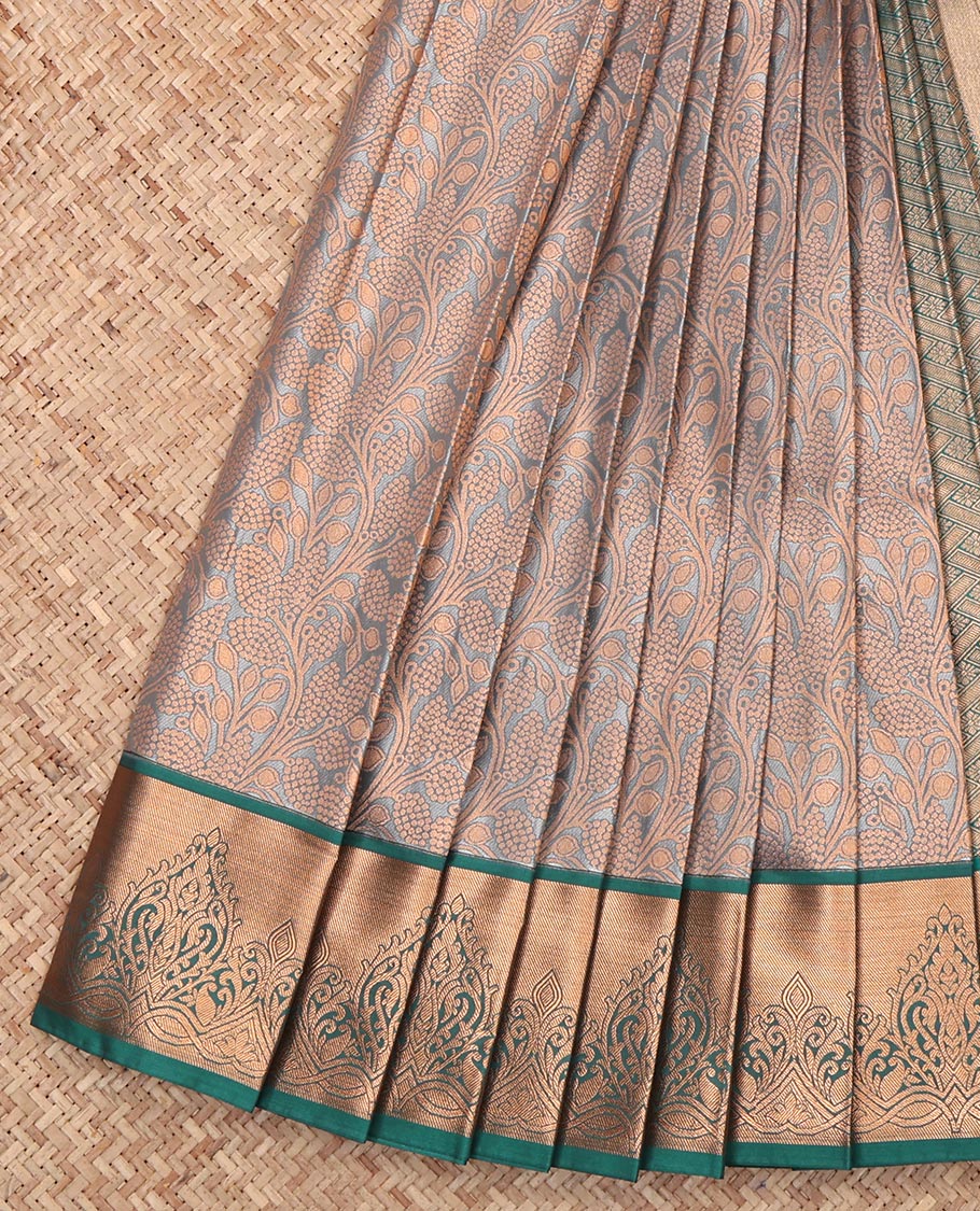 Grey Budget Silk Saree, Detailed with Jacquard Design, Complemented by a Contrast Zari Border, Grand Pallu, and a Contrast Blouse