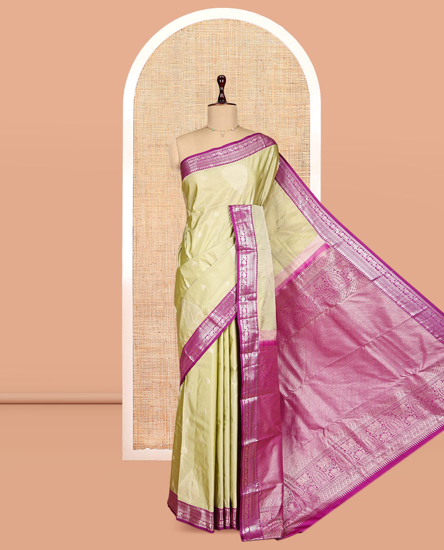 Green Budget Silk Saree, Sparsely Woven with Zari Buttas, Complemented by a Contrast Traditional Border, Grand Pallu, and a Contrast Blouse