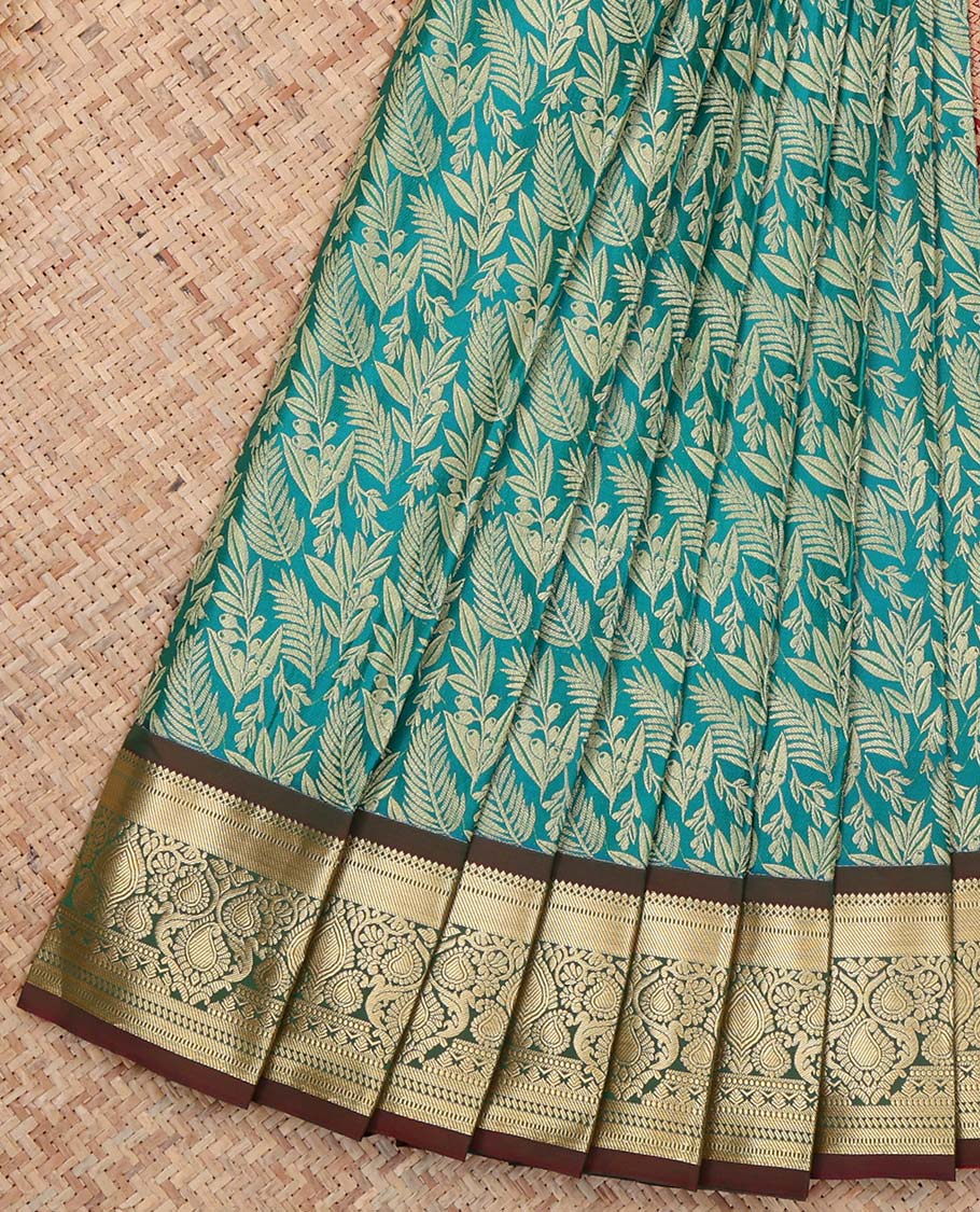Blue Budget Silk Saree, Ornamented with Floral Vine Design, Complemented by Contrast Traditional Zari Border, a Jaal Pallu and a Contrast Blouse
