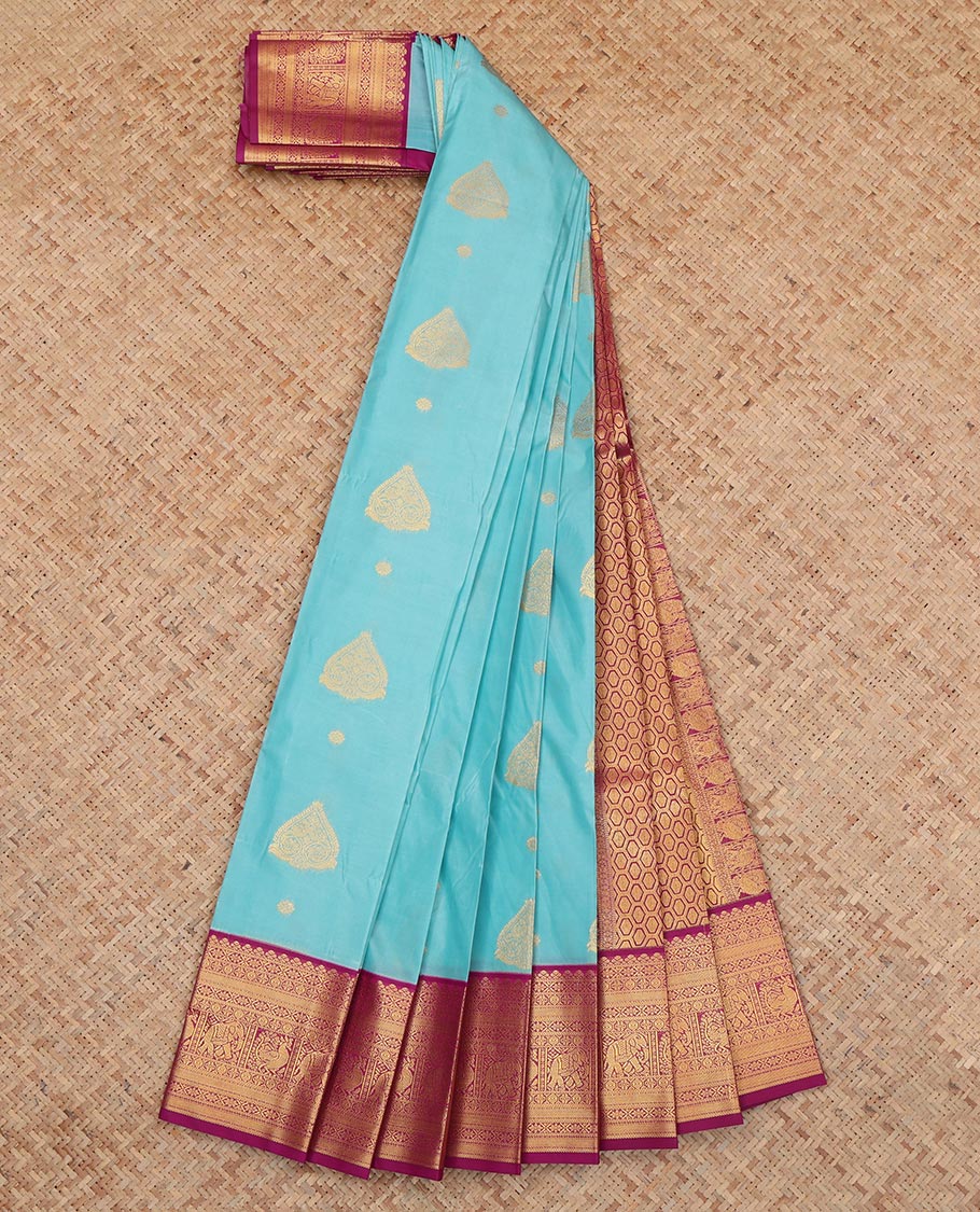 Blue Budget Silk Saree, Woven with Zari Buttas, a Contrast Traditional Elephant-Peacock Zari Border, an Intricate Geomentric Pallu and a Contrast Blouse