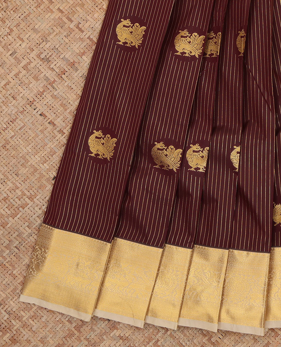 Brown Budget Silk Saree, Embellished with Zari Buttas and Stripes, Complemented by Contrast Traditional Zari Border, a Grand Pallu and a Contrast Blouse