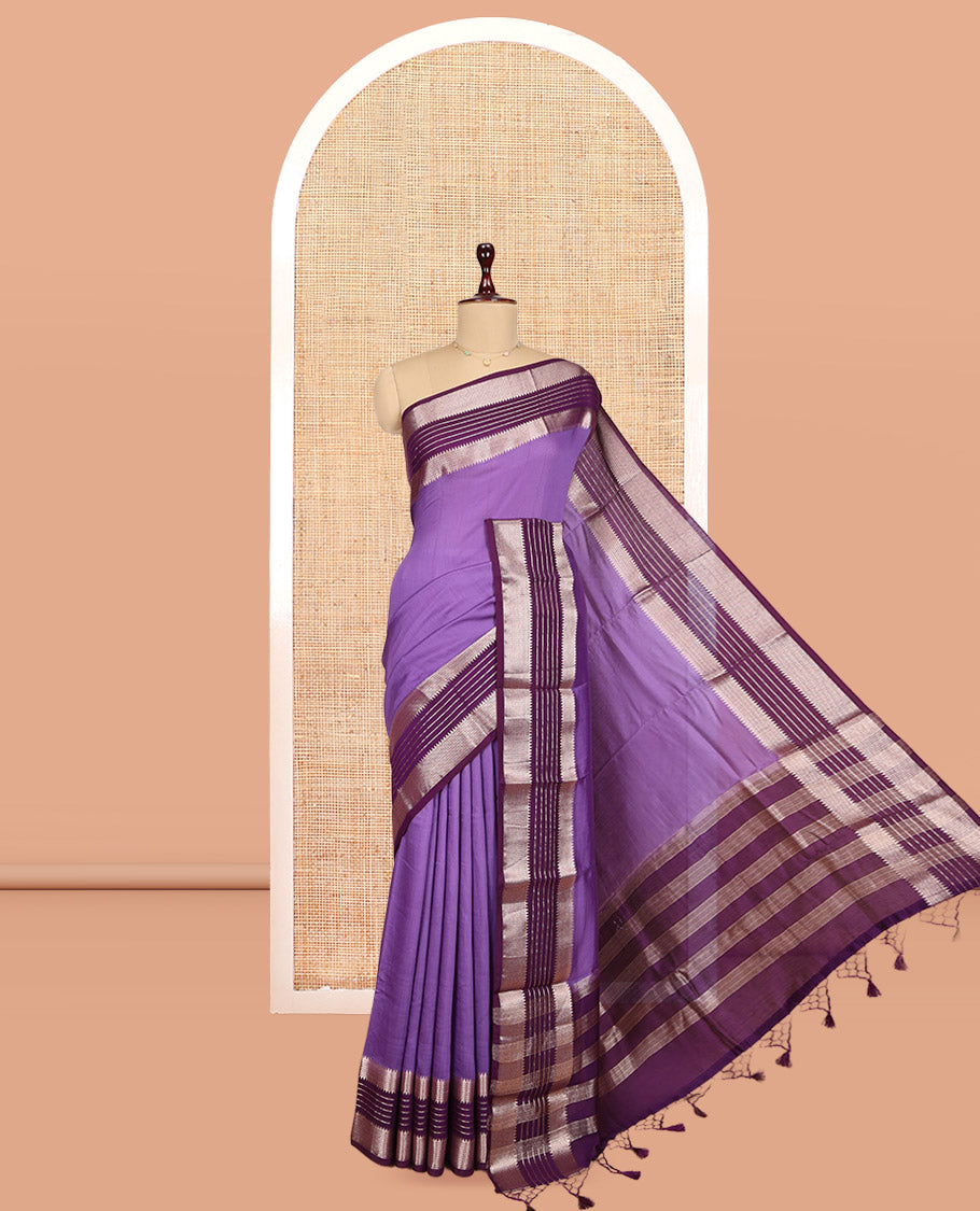 Lavender Plain Assam Silk Saree, Complemented by Contrast Traditional Zari Design Border, Zari Woven Pallu, and Contrast Blouse