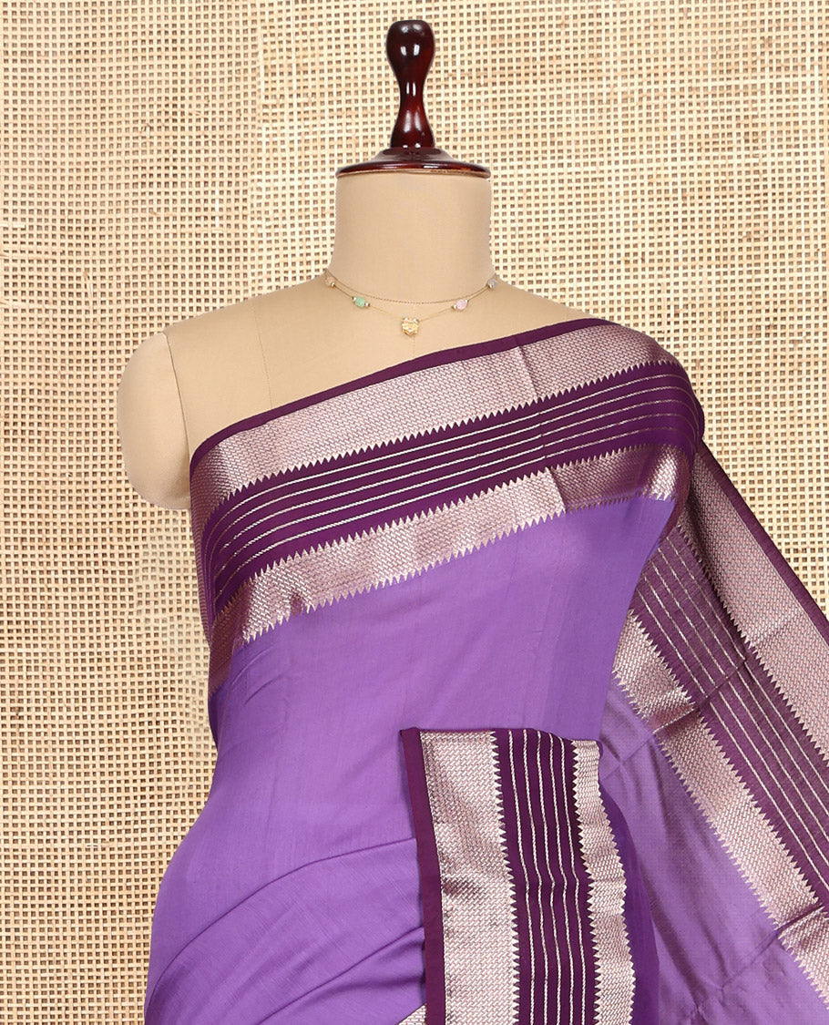 Lavender Plain Assam Silk Saree, Complemented by Contrast Traditional Zari Design Border, Zari Woven Pallu, and Contrast Blouse