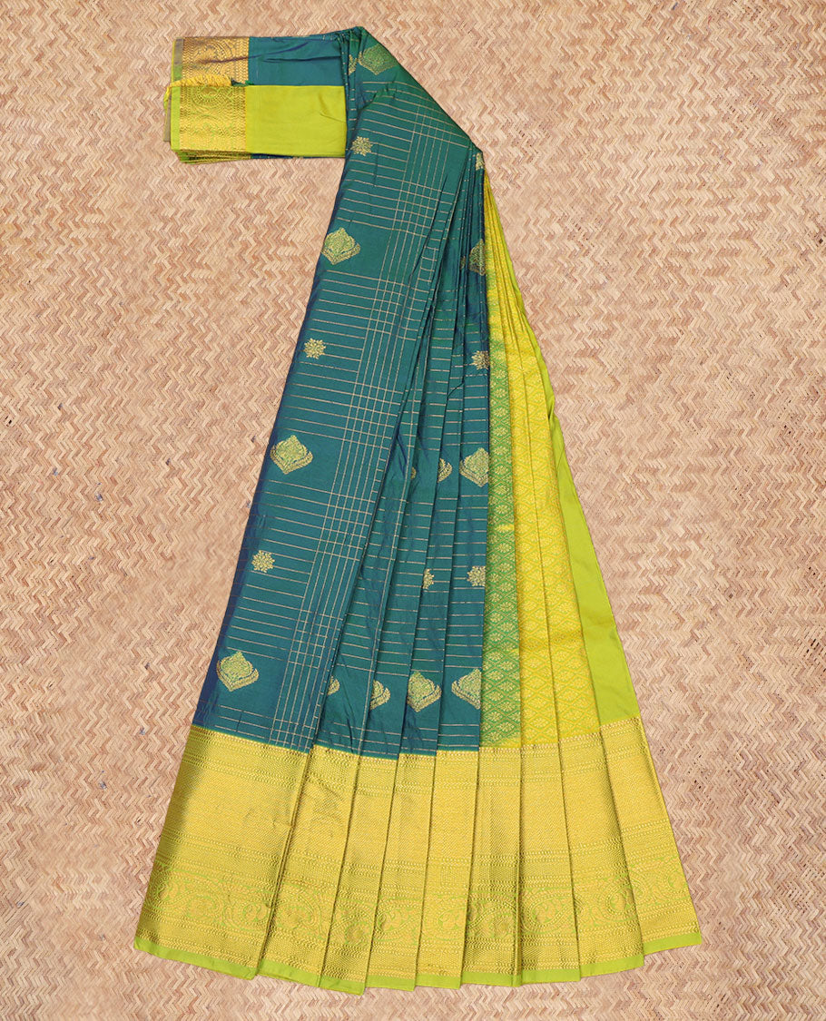 Peacock Blue Budget Silk Saree, Adorned with Zari Buttas Enclosed Checks, a Contrast Traditional Zari Border, Grand Pallu, and a Contrast Blouse