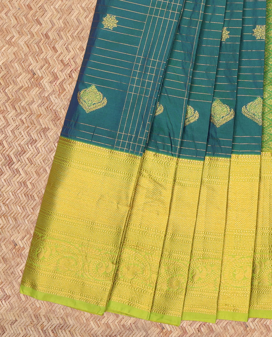 Peacock Blue Budget Silk Saree, Adorned with Zari Buttas Enclosed Checks, a Contrast Traditional Zari Border, Grand Pallu, and a Contrast Blouse