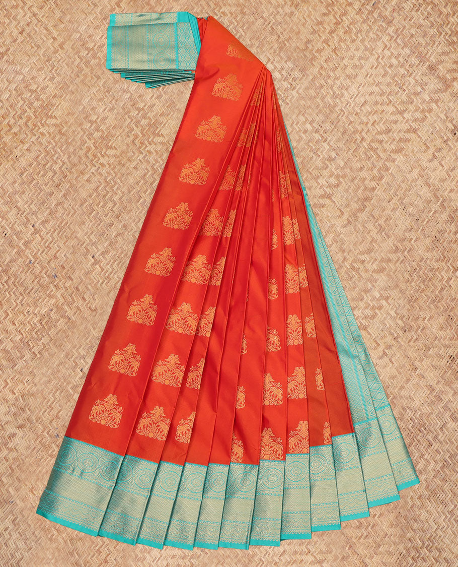 Orange Budget Silk Saree, Mesmerized with Zari Buttas, a Contrast Traditional Zari Border, Intricate Pallu, and a Contrast Blouse