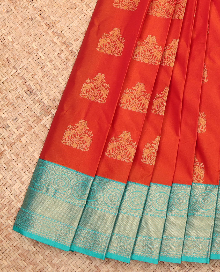 Orange Budget Silk Saree, Mesmerized with Zari Buttas, a Contrast Traditional Zari Border, Intricate Pallu, and a Contrast Blouse