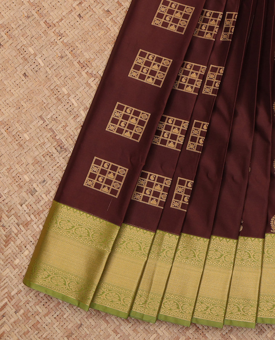Brown Budget Silk Saree, Richly Detailed with Zari Buttas, a Contrast Traditional Zari Border, Grand Pallu, and a Contrast Blouse