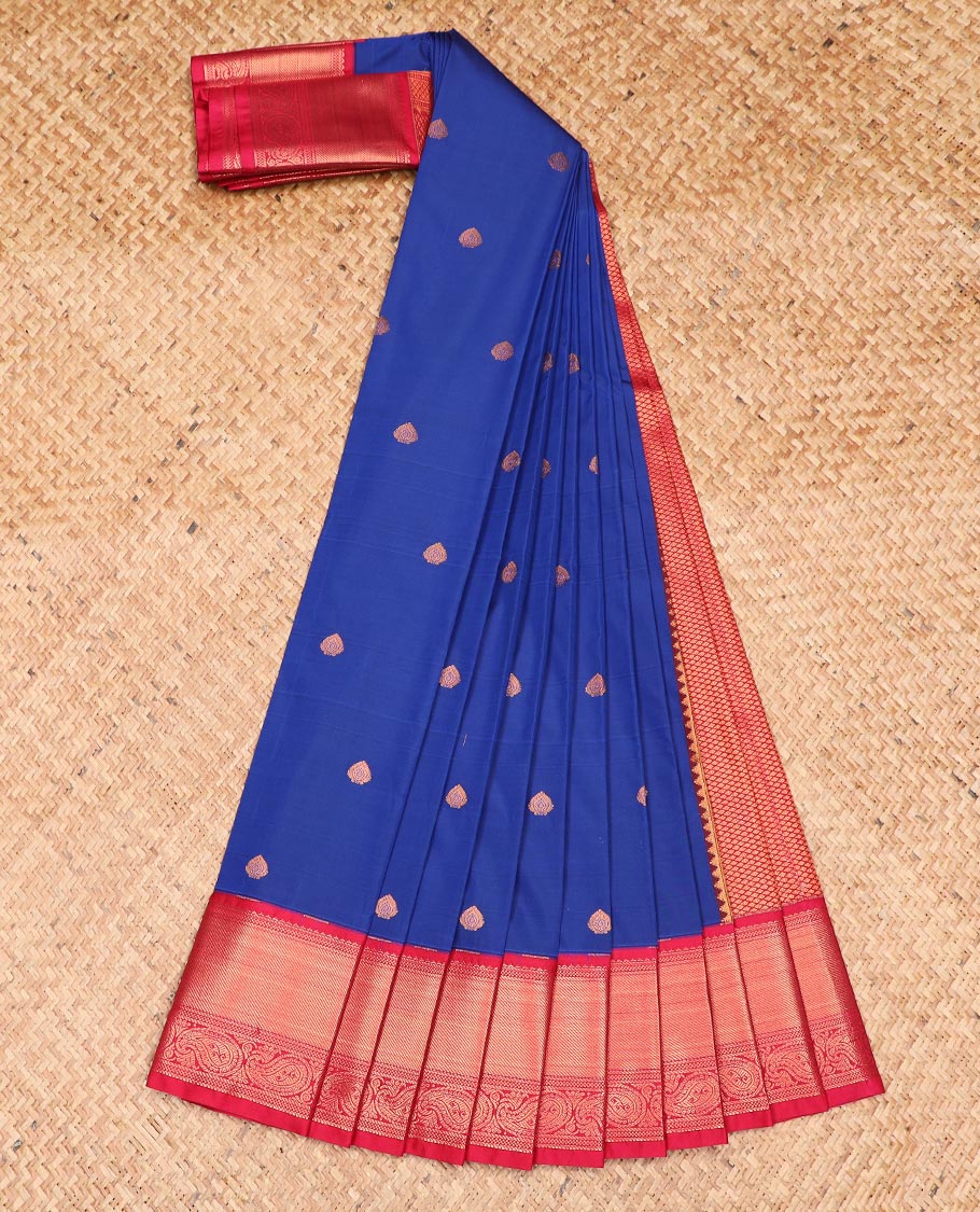 Royal blue zari buttas gift saree, contrast traditional zari design border, and zari-rich pallu