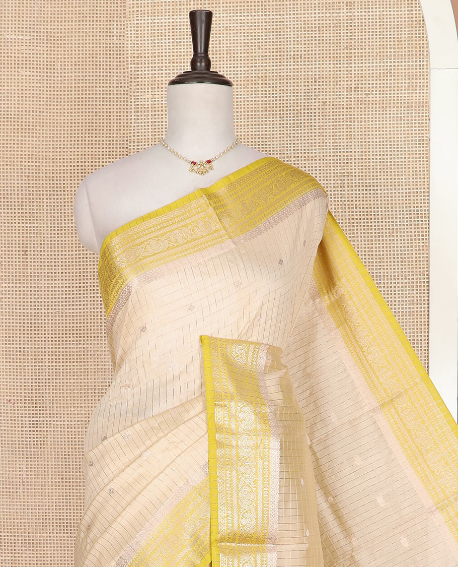 Sandal zari buttas and checks assam silk saree, contrast traditional zari border, and zari design pallu