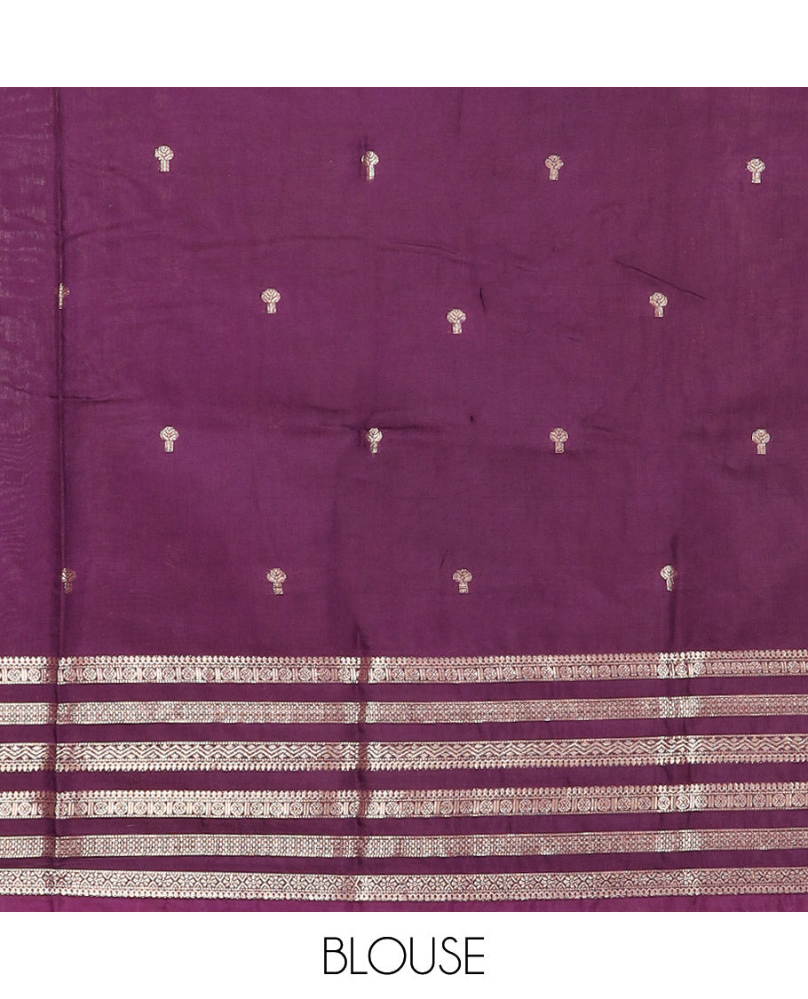 Light Purple Assam Silk Saree Beautified with Zari Buttas, Complemented by Contrast Zari Border Featuring Traditional Zari Designs, a Gleaming Pallu of Zari Stripes, and Paired with a Contrast Blouse