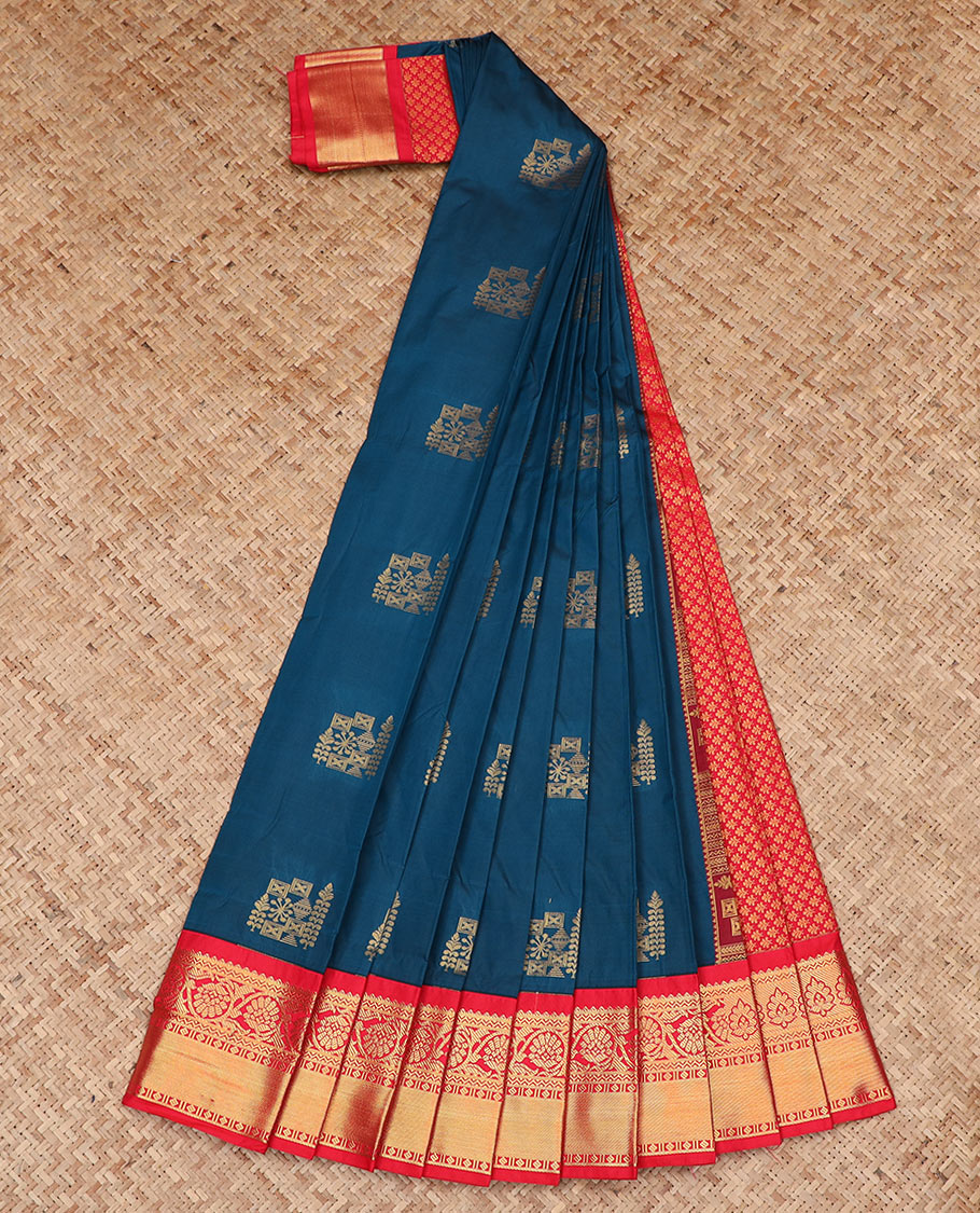 Blue Budget Silk Saree Gracefully Embellished with Zari Buttas, Featuring a Contrast Traditional Zari Design Border, Pallu Steeped with Zari Designs, and a Contrast Blouse