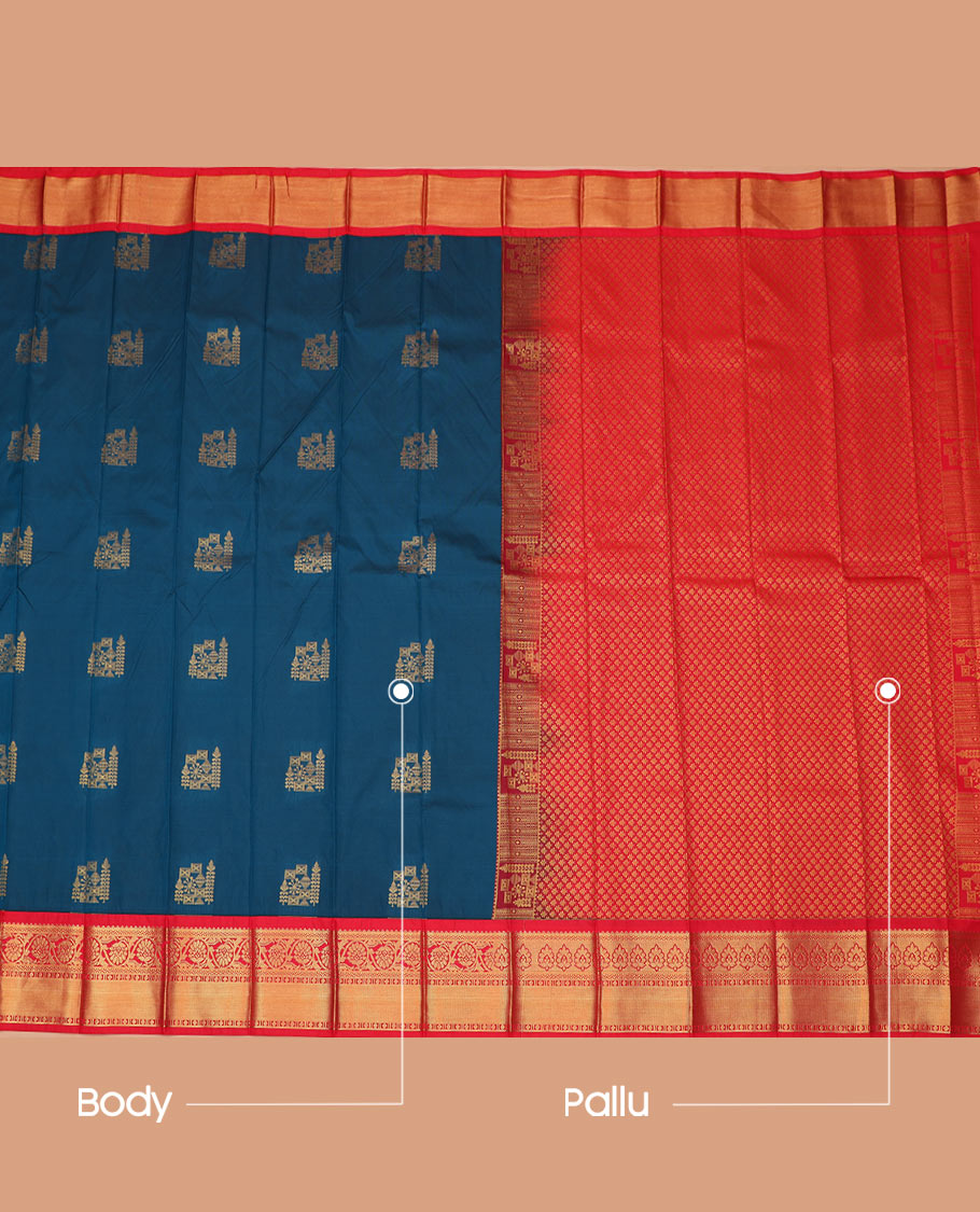 Blue Budget Silk Saree Gracefully Embellished with Zari Buttas, Featuring a Contrast Traditional Zari Design Border, Pallu Steeped with Zari Designs, and a Contrast Blouse