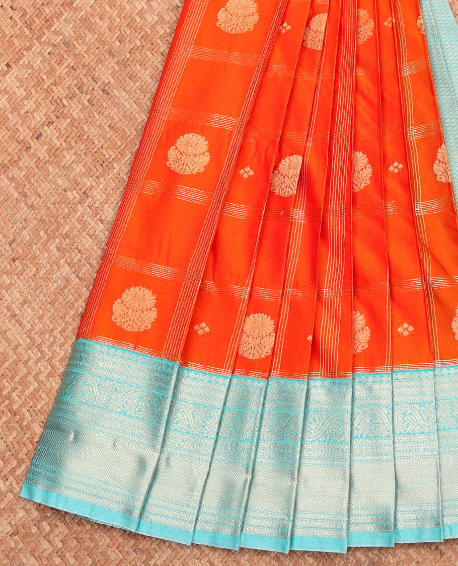 Orange Budget Silk Saree, Accentuated with Zari Buttas and Checks, Complemented by a Contrast Traditional Zari Border, Grand Pallu, and Contrast Blouse