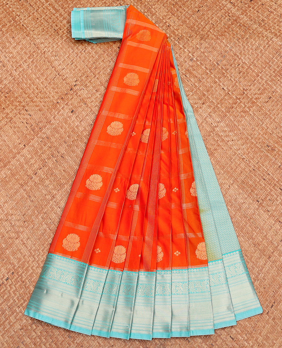 Orange Budget Silk Saree, Accentuated with Zari Buttas and Checks, Complemented by a Contrast Traditional Zari Border, Grand Pallu, and Contrast Blouse