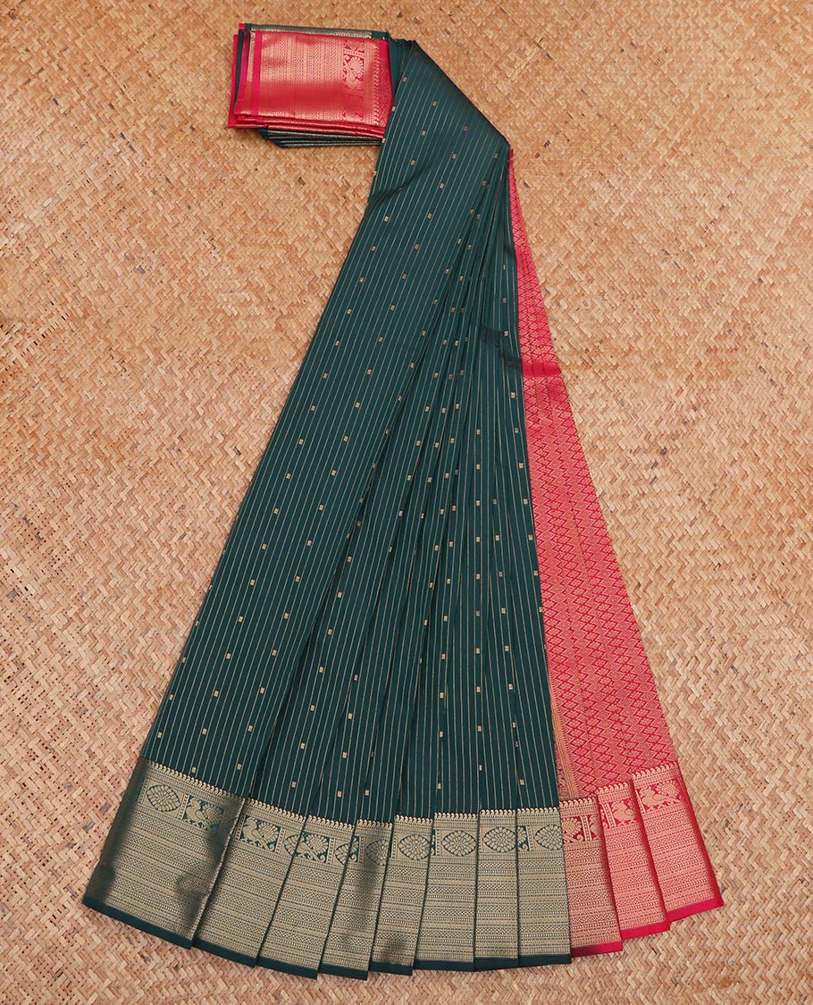 Deep Blue Budget Silk Saree, Charming Accented with Buttas and Stripes All Over Its Body, Highlighted by Traditional Zari Designs Woven Border, Contrast Grand Jaal Pallu, and Paired with a Contrast Blouse