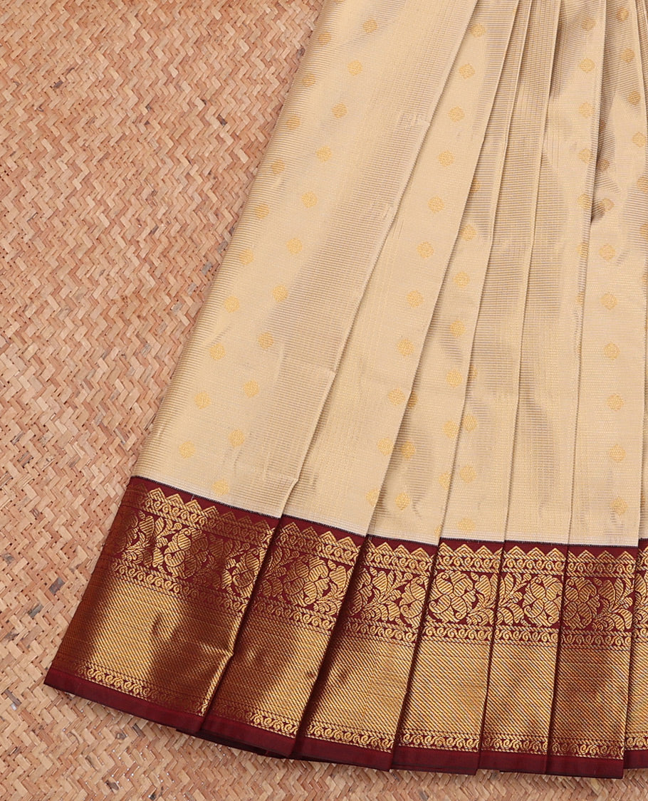 Sandal Budget Silk Saree Features with Zari Buttas and Stripes, Complemented by a Contrast Traditional Zari Border, Jaal Pallu, and Contrast Blouse