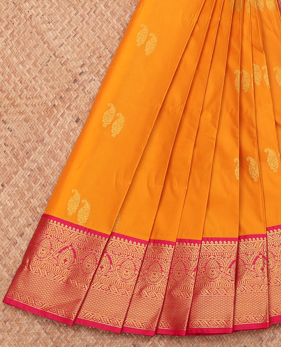 Orange Budget Silk Saree, Gleamed Up with Zari Buttas, Complemented by a Contrast Traditional Zari Border, Jaal Pallu, and a Contrast Blouse