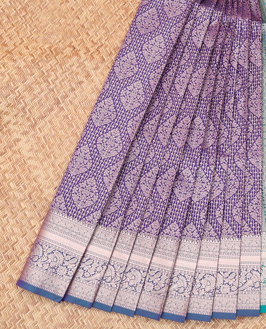 Violet Budget Silk Saree, Embellished with Jacquard Design, Complemented by Traditional Zari Border, a Contrast Grand Pallu and a Contrast Blouse