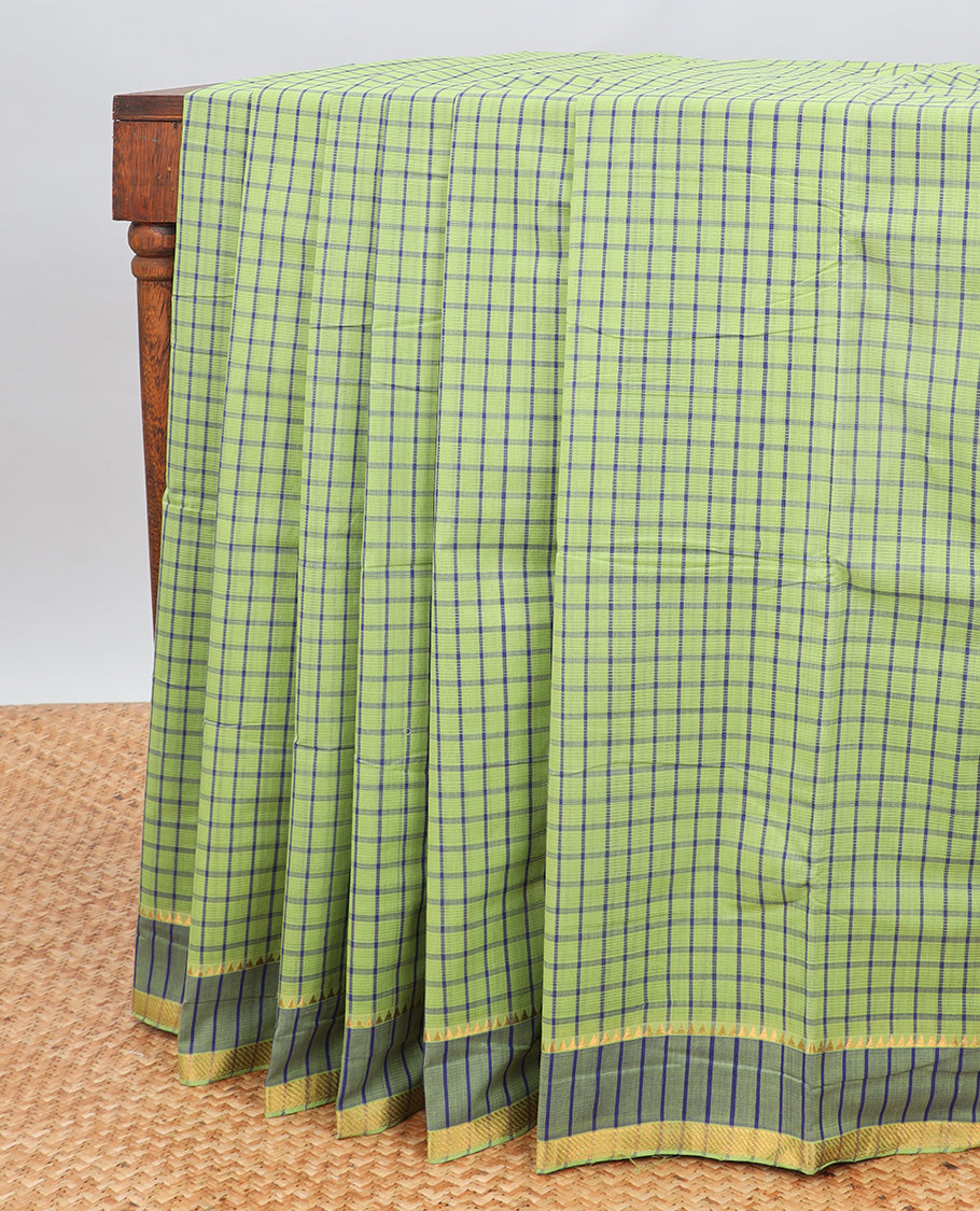 Green checked mangalagiri cotton saree with contrast striped border & checked pallu