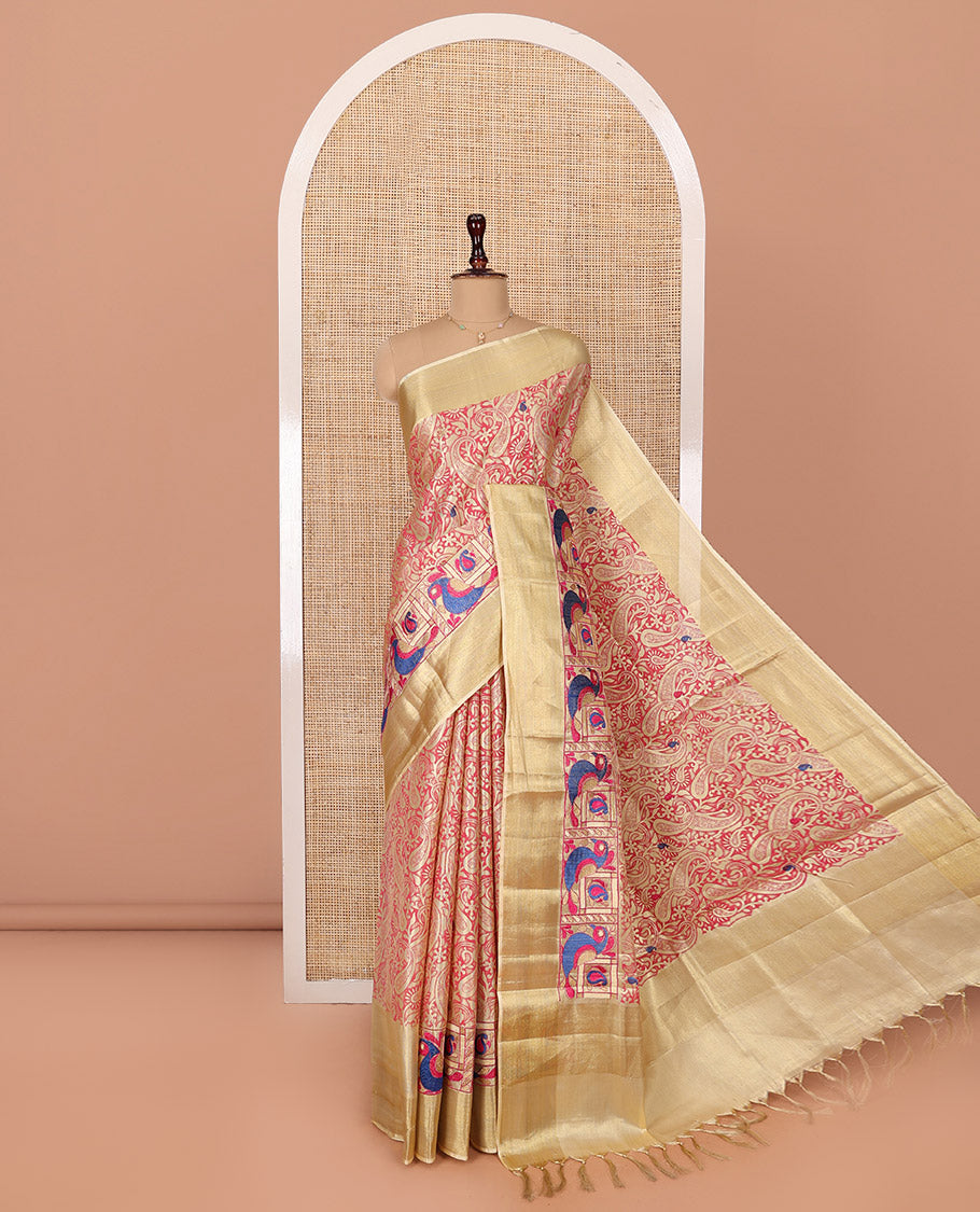 Pink Tissue Cotton Saree, Accentuated with Paisley Print and Paisley-Bird Motifs Embroidery on Its Body, Subtle Bavanji Border, Pallu Mirrors the Same Print, and Paired with a Matching Blouse