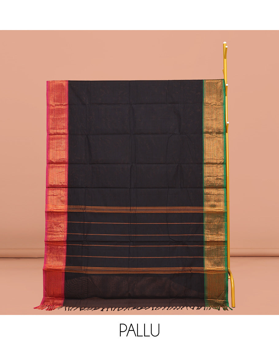 Black Plain Chettinad Cotton Saree, Complemented by Contrast Traditional Zari Design Woven Ganga-Jamuna Border, Pallu of Stripes, and Paired with a Matching Blouse