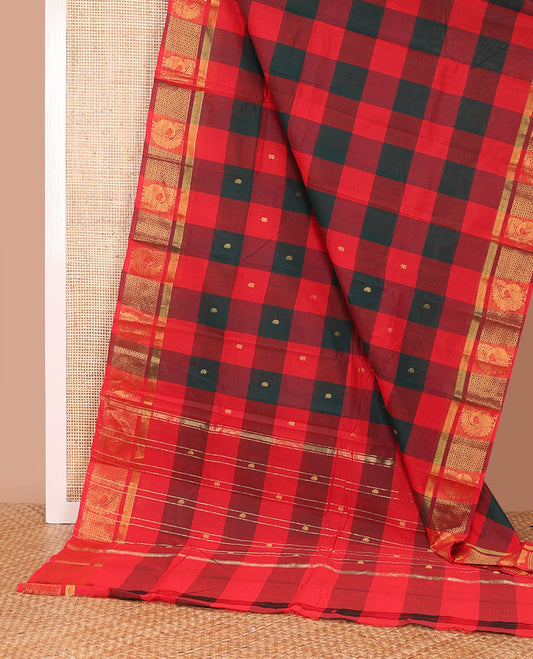 Multi-color checked and buttas Chettinad cotton saree, peacock zari border, and pallu of stripes and buttas