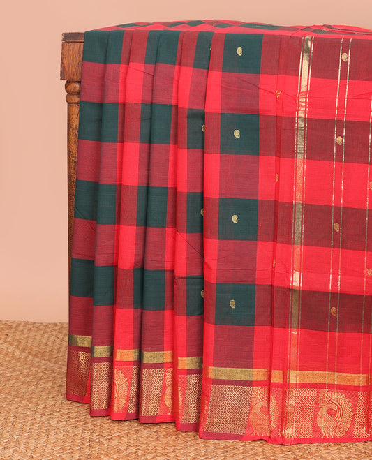 Multi-color checked and buttas Chettinad cotton saree, peacock zari border, and pallu of stripes and buttas