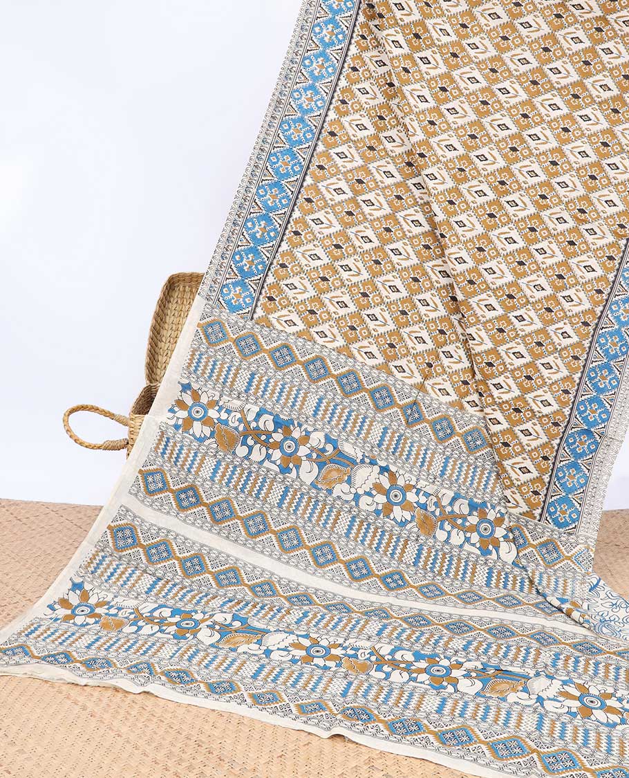 Brown argyle machine-printed kalamkari cotton, contrast diamond border & floral & geometric pallu