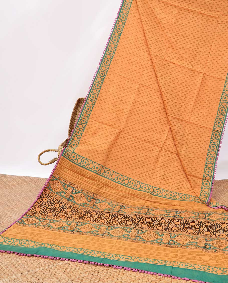 Mustard floral design mul mul cotton saree with self floral border & floral design pallu