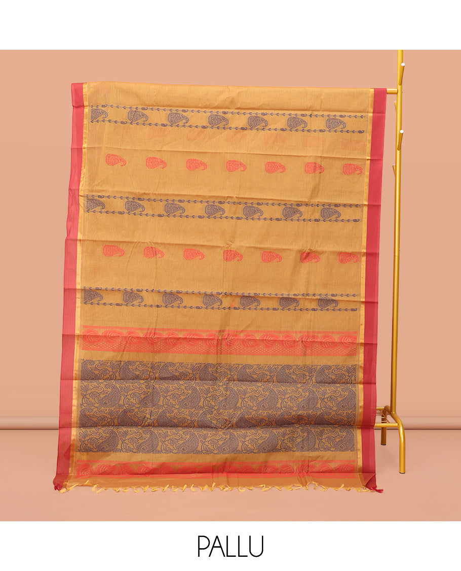 Mustard Kanchi Cotton Saree Features Paisley Buttas and Stripes on Its Body, Complemented by a Contrast Border, Paisley Vine Pallu, and a Matching Blouse