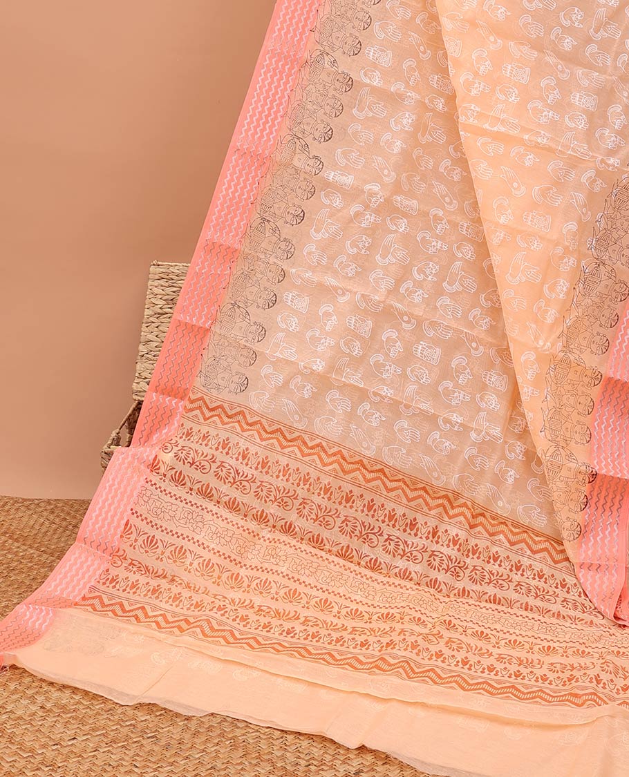 Skin color hand motifs chirla cottton saree with contrast human design border & intricate design pallu