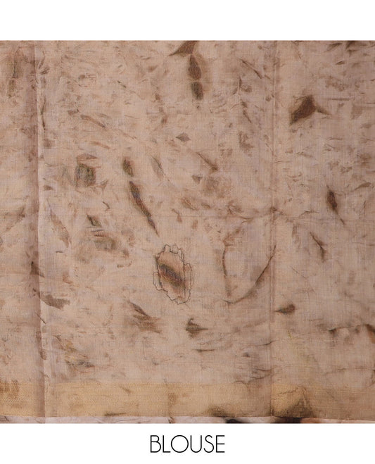 Brown shibori printed with leaf motifs printed cotton saree, bavanji border and floral design pallu