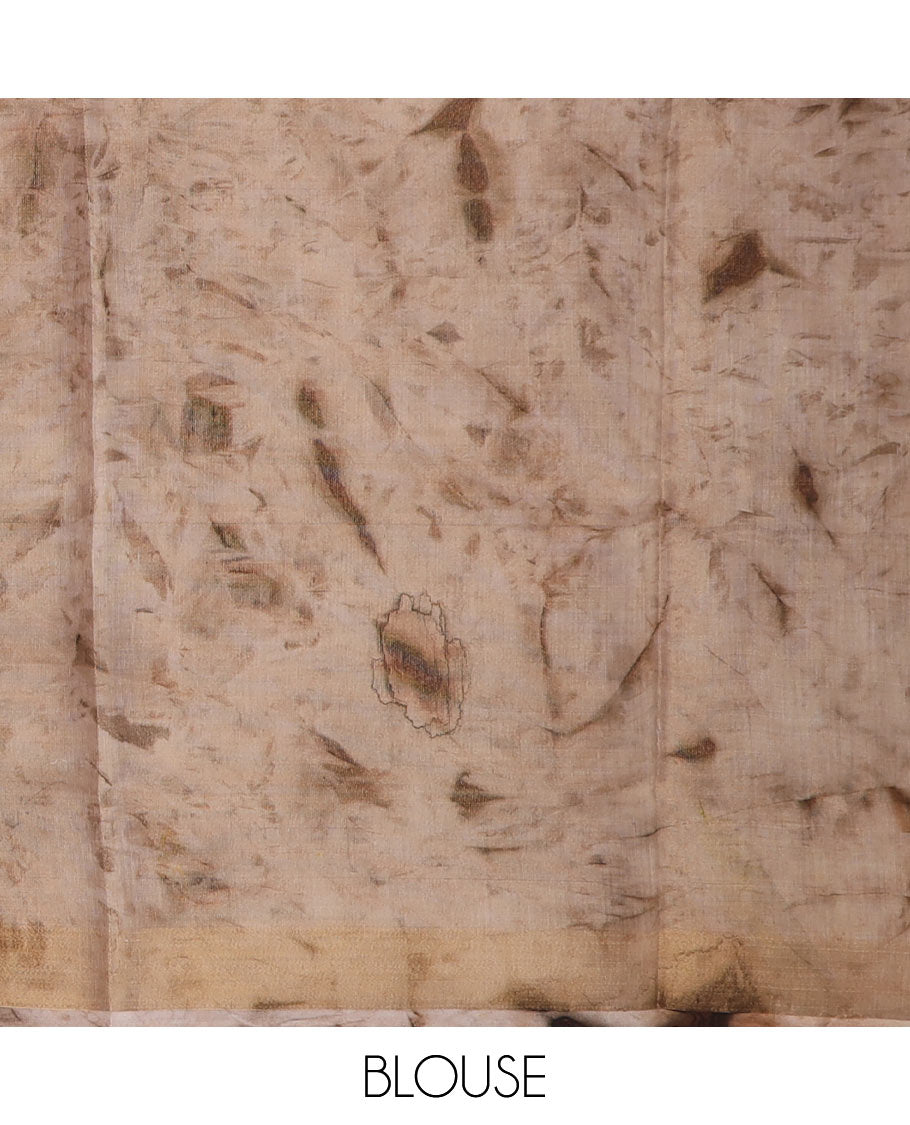 Brown shibori printed with leaf motifs printed cotton saree, bavanji border and floral design pallu