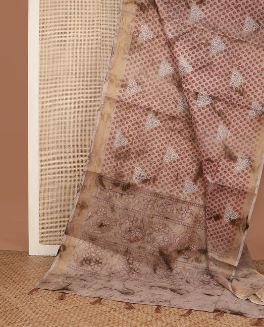 Brown shibori printed with leaf motifs printed cotton saree, bavanji border and floral design pallu