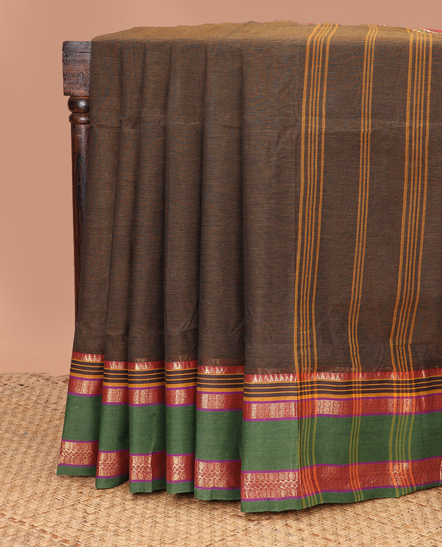 Brown plain Bengal cotton saree, contrast rettai pettu ganga jamuna rettai pettu border, and pallu of stripes