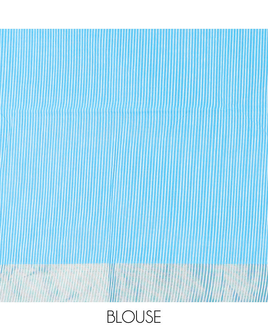 Azure blue striped jute cotton saree, zari border, and striped pallu