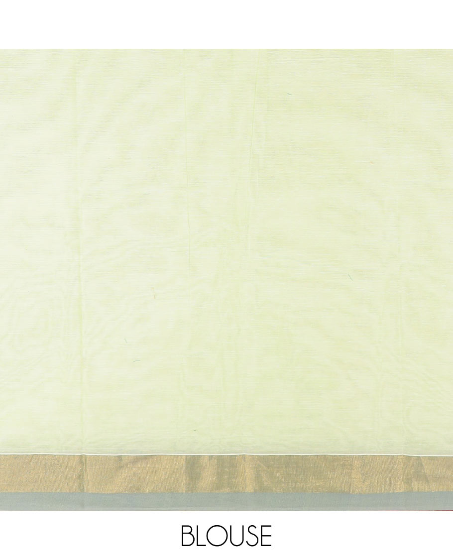 Green buttas kanchi cotton saree, contrast bavanji border, and pallu of ogee designs