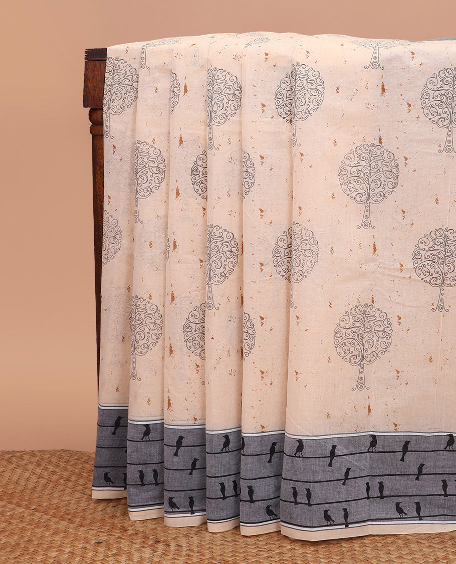 Light sandal floral motifs printed chirala cotton saree, contrast border pictures crow sitting on string design and printed pallu