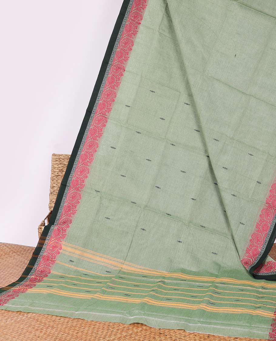 Green buttas Chettinad cotton saree, contrast paisley design border & striped pallu