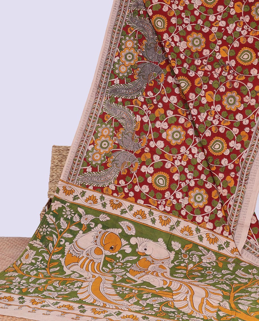 Red floral vine design machine-printed kalamkari cotton saree with contrast floral design border & peacock , floral design pallu